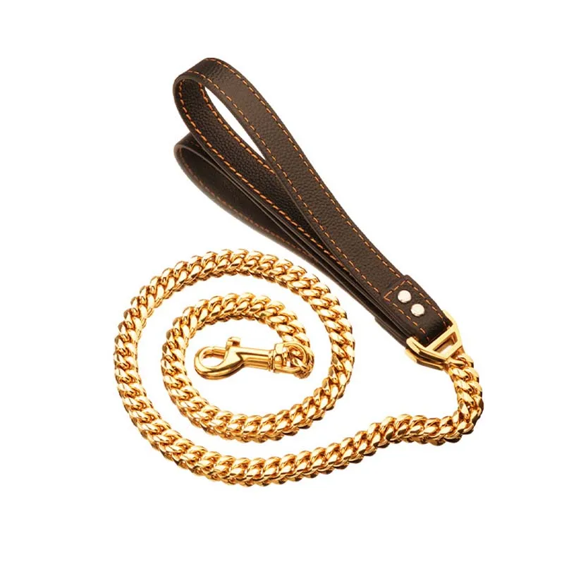 

14mm Gold Luxury Dog Chain Leash with Leather Handle Stainless Steel Cuban Link for Large Dogs German Shepherd Pitbull Bully