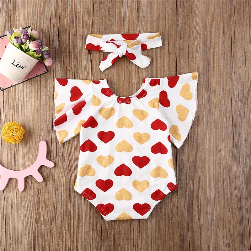 

2Pcs Newborn Baby Girl Valentine's Day Romper Jumpsuit Body Suit Headband Outfits Short Sleeve Heart Print Romper Clothings New