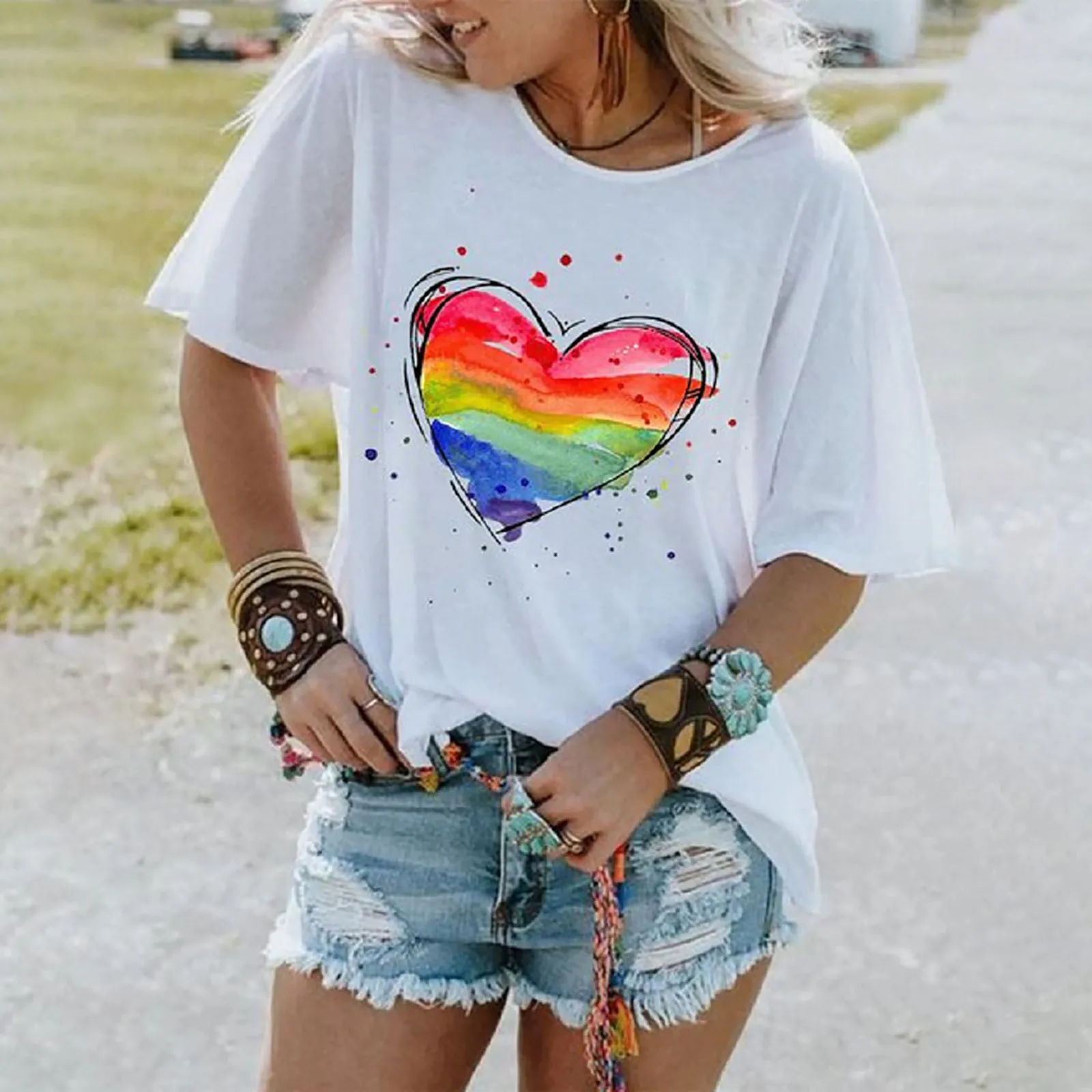 

Plus Size 5xl Blouse Shirt Heart Printed Short Sleeve Tee Tshirt Women Summer O Neck Loose Casual Shirt Tops Beach Clothes A20