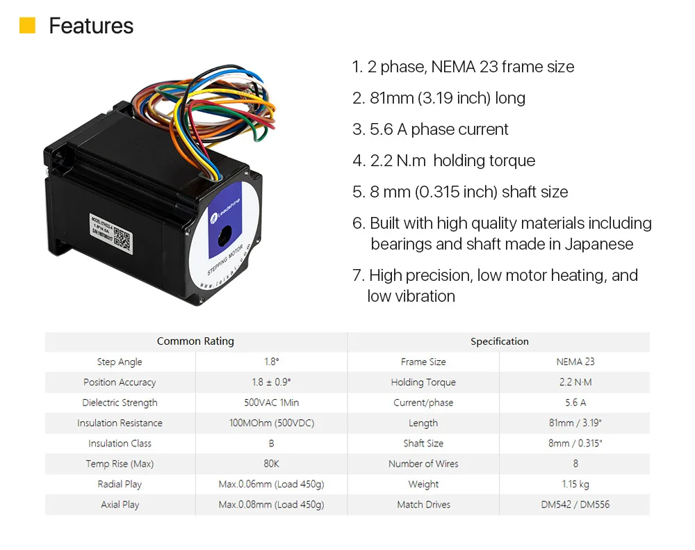 Leadshine 2 фазы шаговый двигатель 57HS22 NEMA23 5.6A Длина 81 мм вал 8 мм