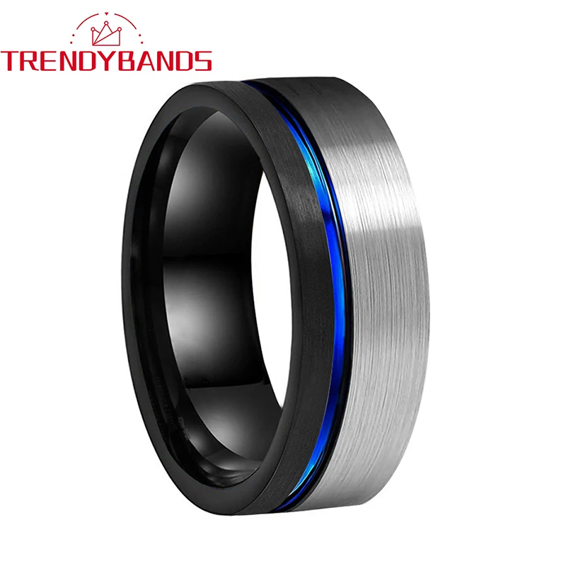 

8mm Black Blue Mens Womens Tungsten Carbide Ring Wedding Band Offset Grooved Pipe Cut Brushed Finish Comfort Fit