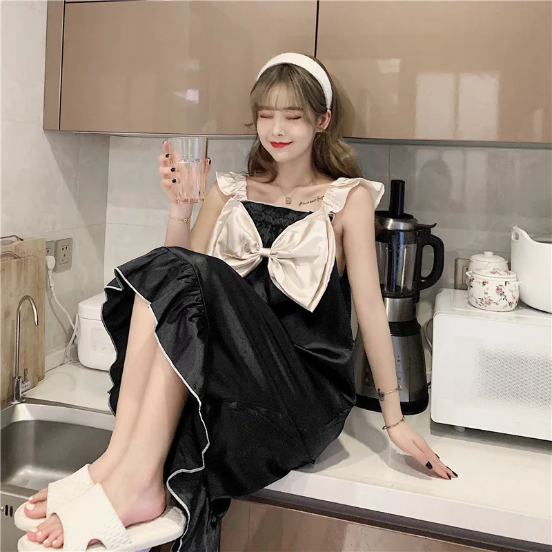 

Pajamas Nightdress Female Sling Imitation Silk Big Bow 2021 Hot Style Cute Spring and Autumn Plus Size Home Service Women Pajama