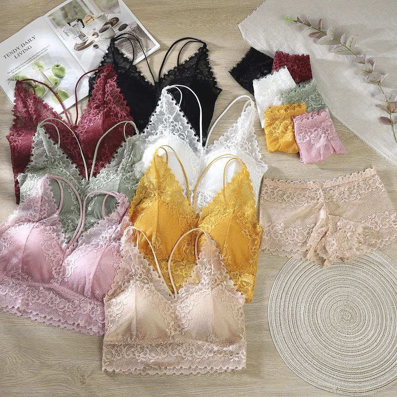 

French-style New Thin Lace Bra Gather No Steel Ring Cross Sling Breast-wrapped Women's Underwear Set
