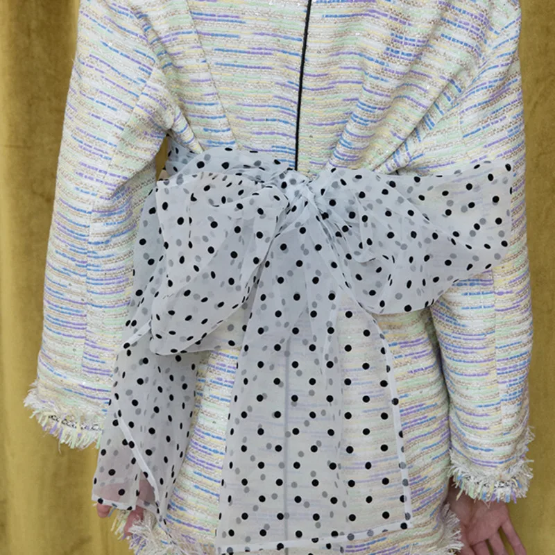 

DEAT New Autumn Spring Fashion Streetwear Long Sleeve Single Breasted V Neck Polka Point Stitching Raw Selvage Coat Women SG120