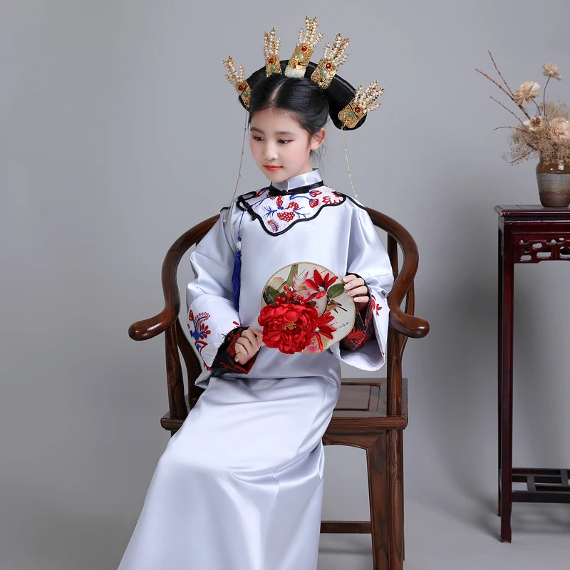 

Китайский стиль, старинный костюм династии Цин, королева, для девочек, дворец, флаг, платье для детей, платье ханьфу