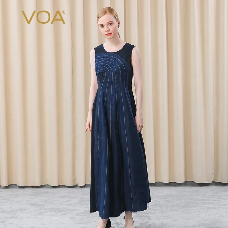 

VOA Heavy Silk 30M/m Navy Blue Open Wire Arch Needle Decorative Silk Splicing Asymmetric Large Swing Dress Summer Dress AE659