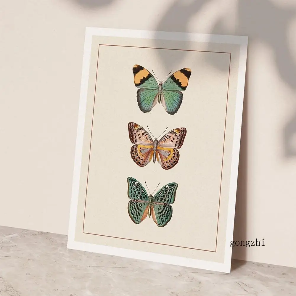 

Vintage Beige Green Flower Butterfly Poster Prints Insect Education Modern Wall Art Canvas Painting Picture Kids Room Home Decor