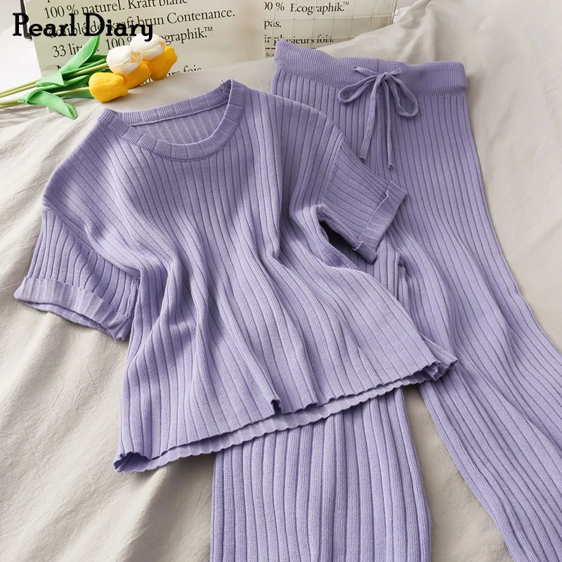 

Pearl Diary Women Suits Wide Knitted Rib Top and Pant Casual Set Short Sleeve Top Elastic Waistband Drawstring Trousers Co-ords