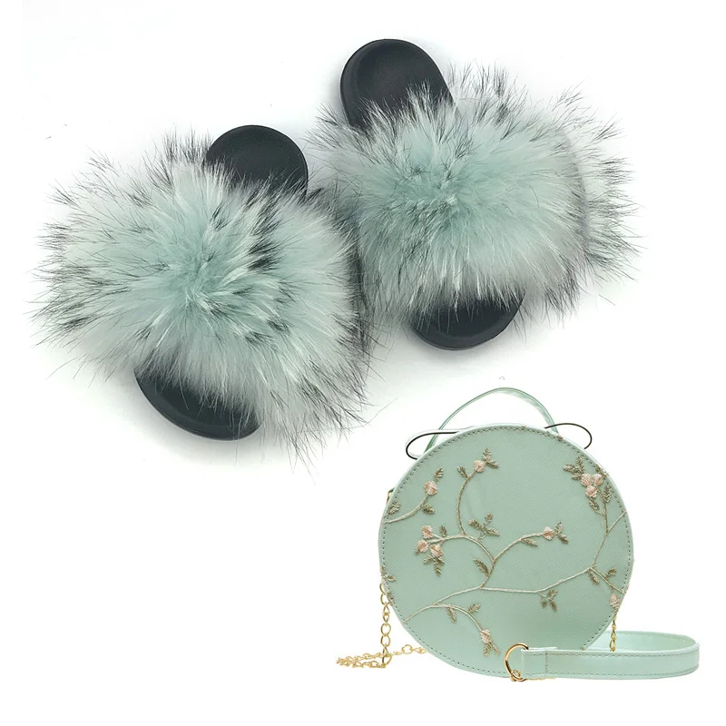 

Women's Round Jelly Bags Fashion Fox Fur Slides Sets Small Single Shoulder Chain Lace PU Purse Casual Furry Slippers