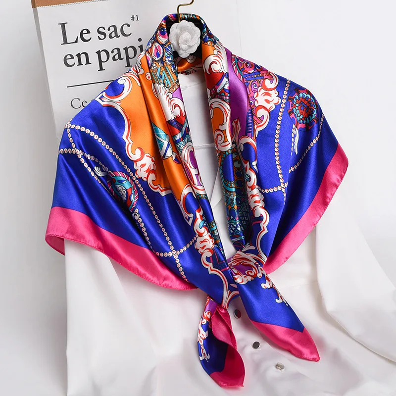 

2021 Silk Satin Scarf Women Square Hijab Foulard Neckerchief Female Design Print Shawls Head Wraps Lady Hairscarf Bandana