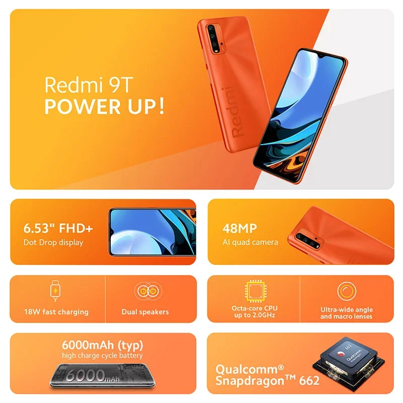 Новая глобальная версия Xiaomi Redmi 9T 4GB 64GB Смартфон Snapdragon 662 48MP тыловая камера 6000 мАч с