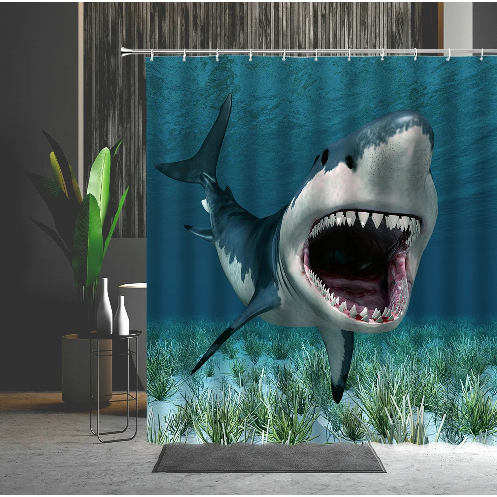 

Shark Shower Curtain Set Marine Organisms Waterproof Bathroom Wall Hanging Curtain Bathroom Decoration With Hooks