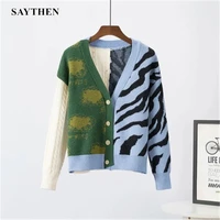 saythen zebra print cardigan for women sweater v neck autumn casual knit womensweaters fashion sweet ladies knitwear top