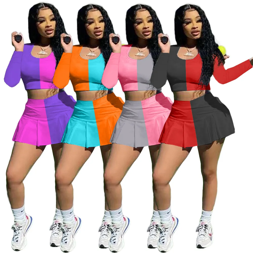 

18AC8306 Autumn Women Casual Fashion Patchwork Print Navel Slim Sports Sleeveless Culottes Two Piece Set Hot