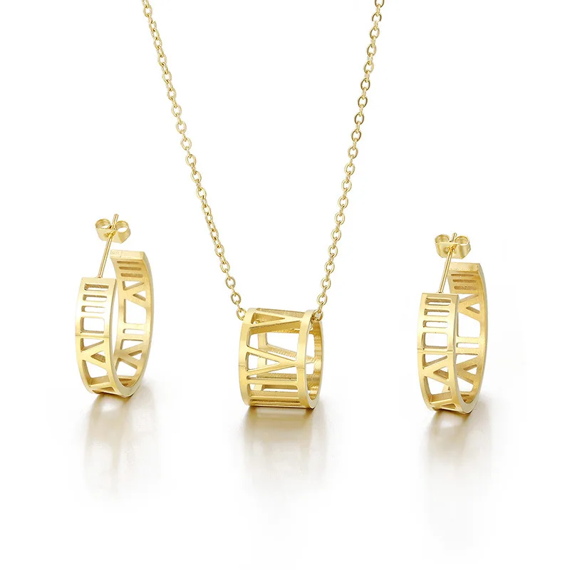 

Ladies Personality Titanium Steel Hollow Ancient Roman Numerals Earrings Necklace Jewelry Set