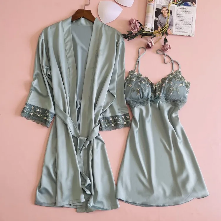 

Sexy Bathrobe Sleepwear Satin Loose Bridal Wedding 2PCS Nightwear Lace Women Kimono Robe Gown V-Neck Loose Intimate Lingerie