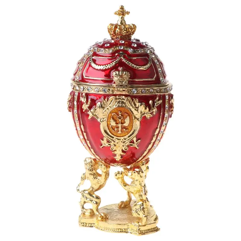 

N58F Red Gold Crown Faberge-Egg Series Hand Painted Jewelry Trinket Box with Rich Enamel and Sparkling Rhinestones Unique Gift