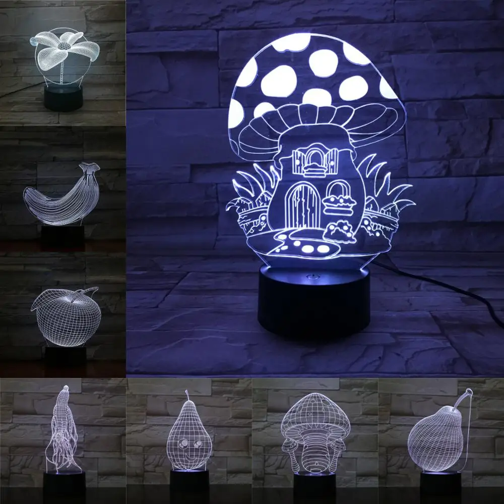

Plant Fruit 3D Mushroom Banana Lamp Multicolor Changing Luminaria Abstract Acrylic Lamparas Home Decor Birthday Present For Kids