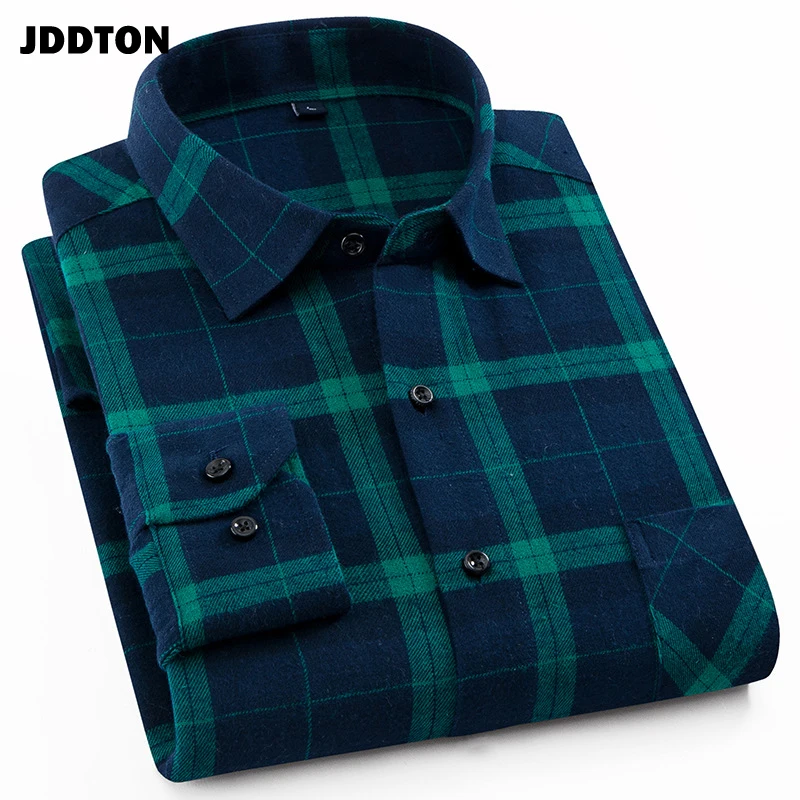 Рубашка JDDTON Мужская Фланелевая 100% хлопок в клетку с длинным рукавом повседневная