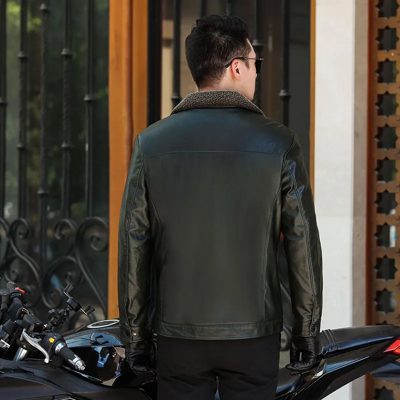 Мужская зимняя куртка из натуральной овчины в клетку с воротником размера плюс