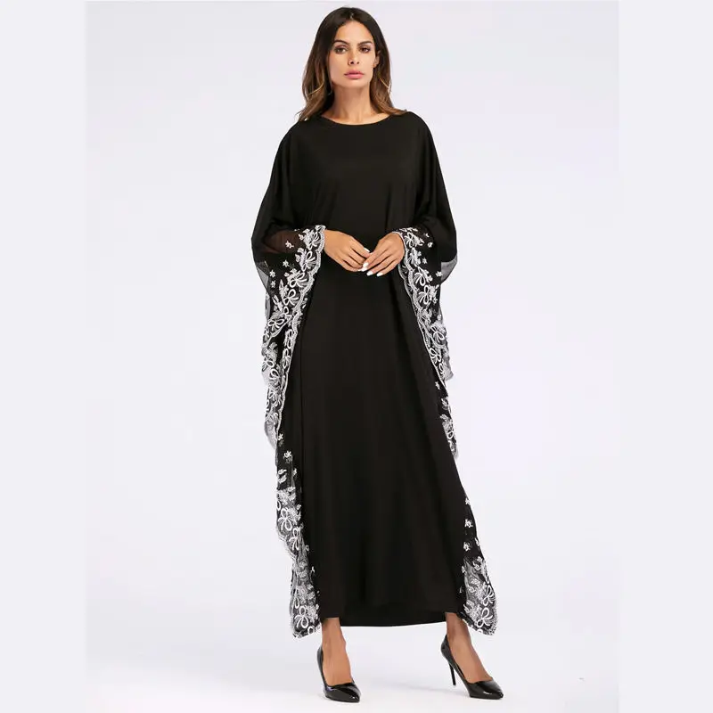 

2021 Muslim Dresses Women Lace Trim Bat Sleeve Robe Plus Size Ladies Dress Dresses for Women Party
