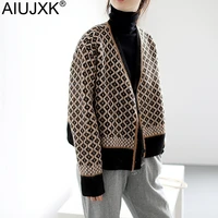 aiujxk new 2020 autumn winter fashion argyle cardigan women vintage sweaters long sleeve knitted clothes loose v neck knitwear