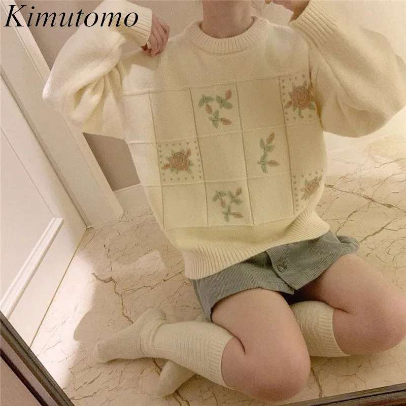 

Kimutomo Sweet Gentle Sweater Woman Autumn Winter New Vintage Cute Embroidered Floral Loose Ins O-neck Versatile Knit Pullover