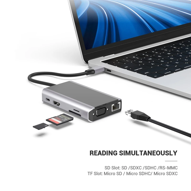 

9-in-1 Type C Hub Multi-Ports USB VGA RJ45 SD Card Lan Interface Ports Dock