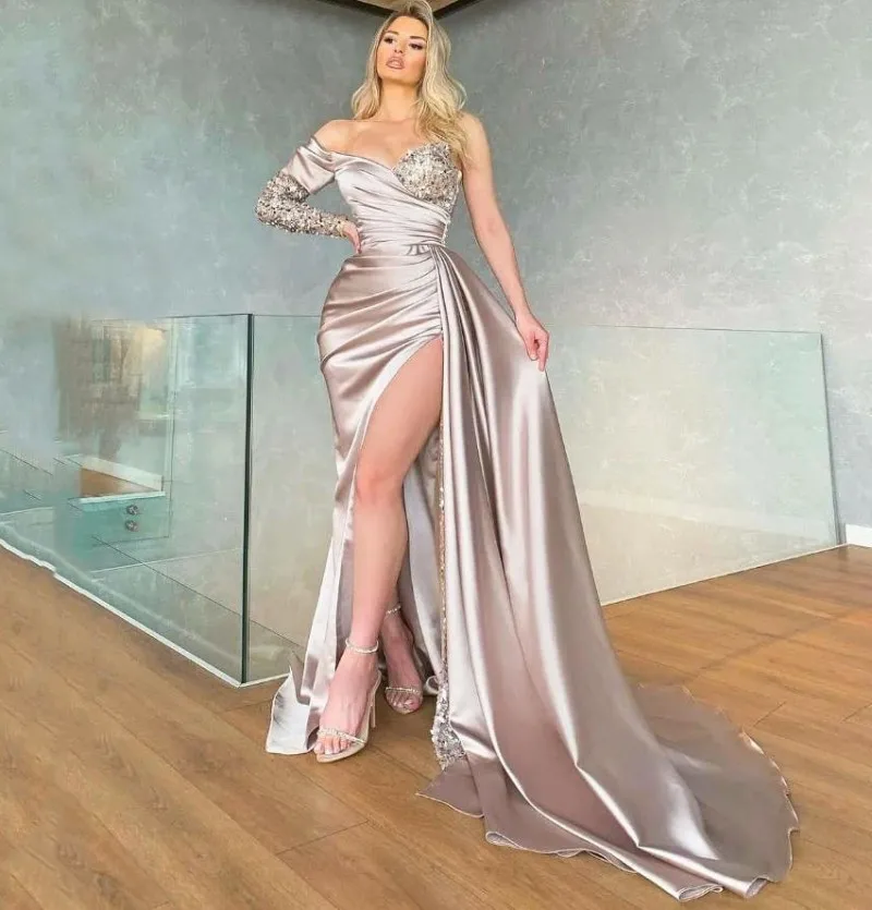 

Sexy Champagne Mermaid Evening Formal Dress One Long Sleeves Sequin High Side Slit Prom Party Gowns Vestidos De Fiesta