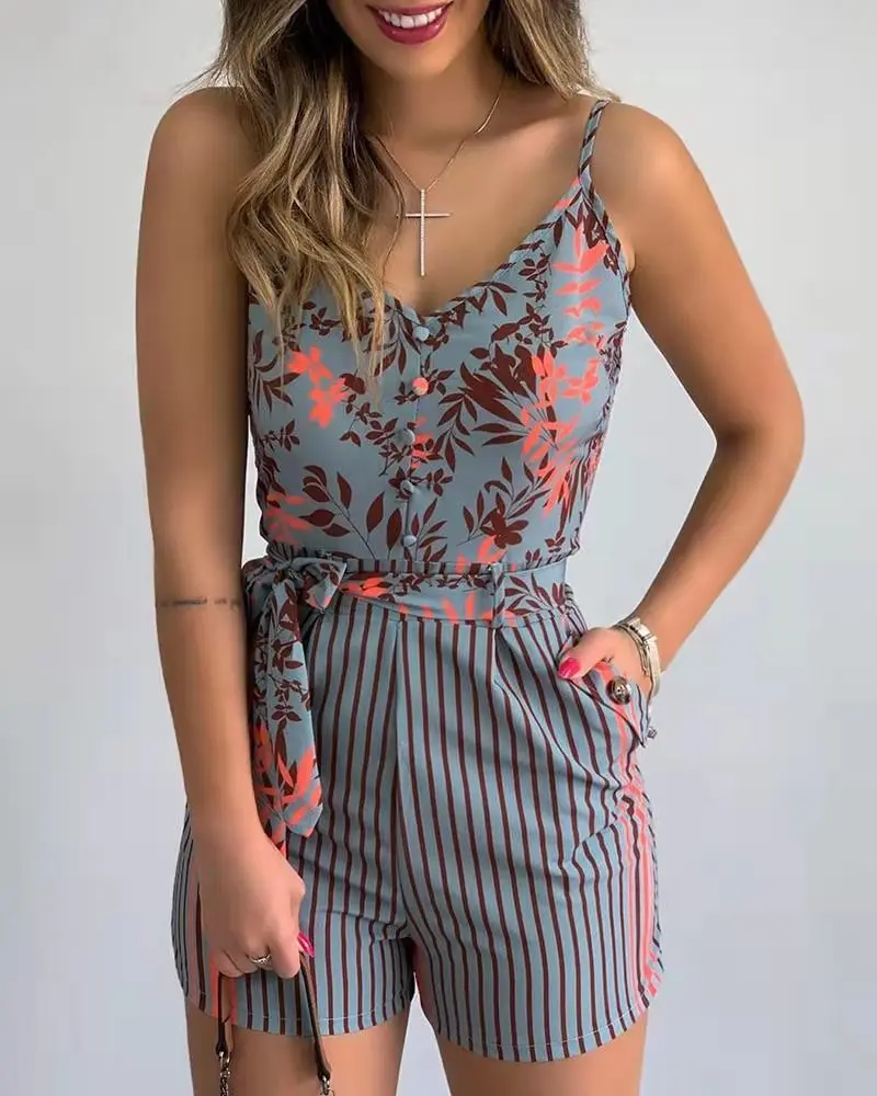 

European and American summer 2021 new V-neck sling fashion bougainvillea belt jumpsuit women