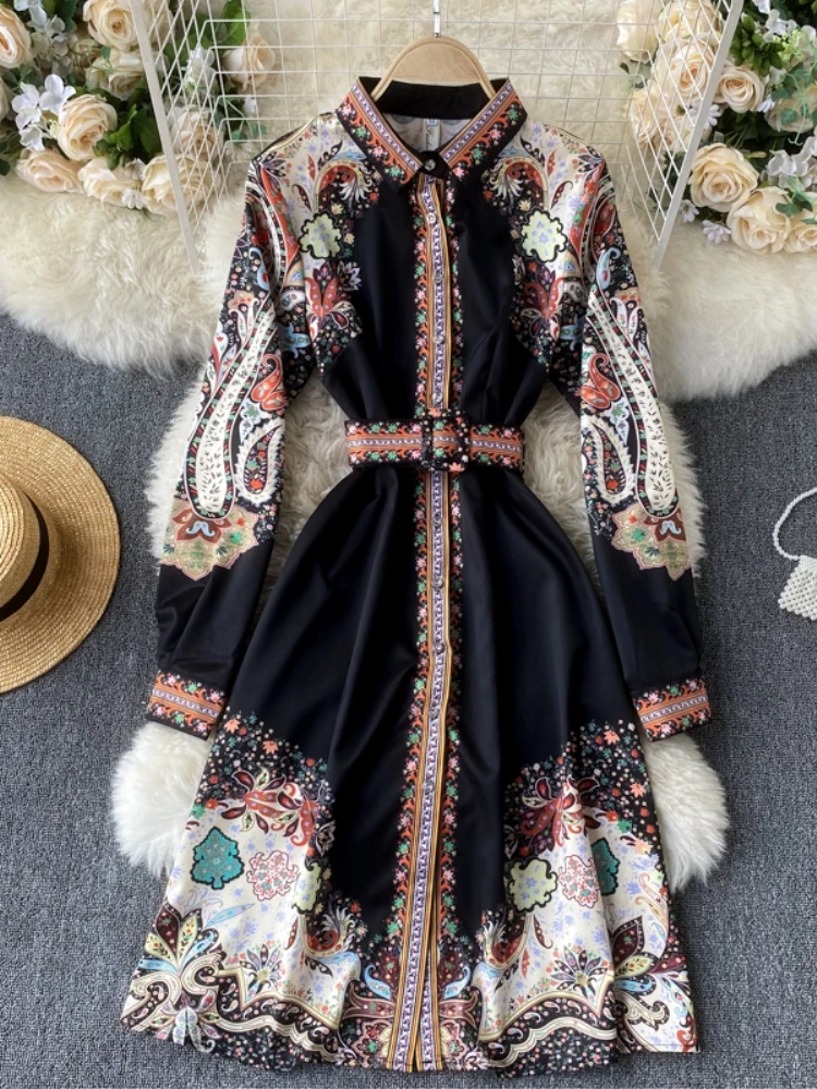 

dresses women 2021 spring vintage print fashion clohtes elegant long sleeve midi A-Line party dress big shirt dress vestidos