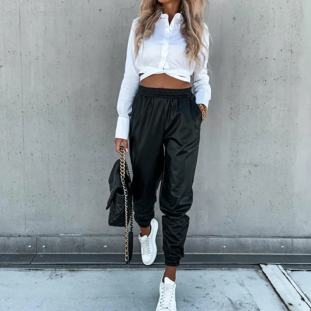wsevypo PU Leather Sweatpants Fall Winter Fashion Casual High Elastic Waist Joggers Trousers Women Solid Color Harem Pants images - 6