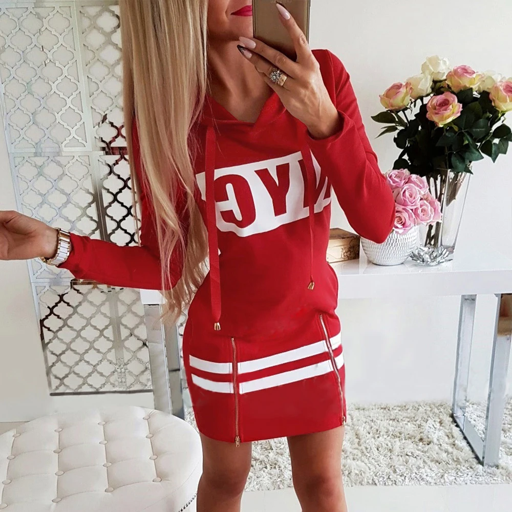 Осеннее платье с капюшоном женские платья буквенным принтом 2019 женское