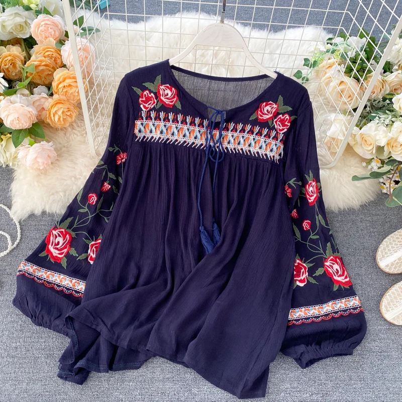 spring new 2021 ethnic style blouse beach wear vintage flower embroidery shirt female white lantern sleeve tops | Женская одежда
