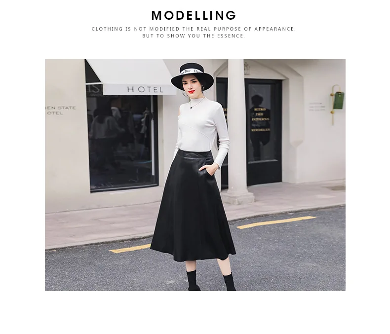 

JCHB 2021 Women Luxury Sheepskin Mid Long Real Leather Skirt Elegant Female Genuine Leather Skirt With Zipper Size 2XL Skirt