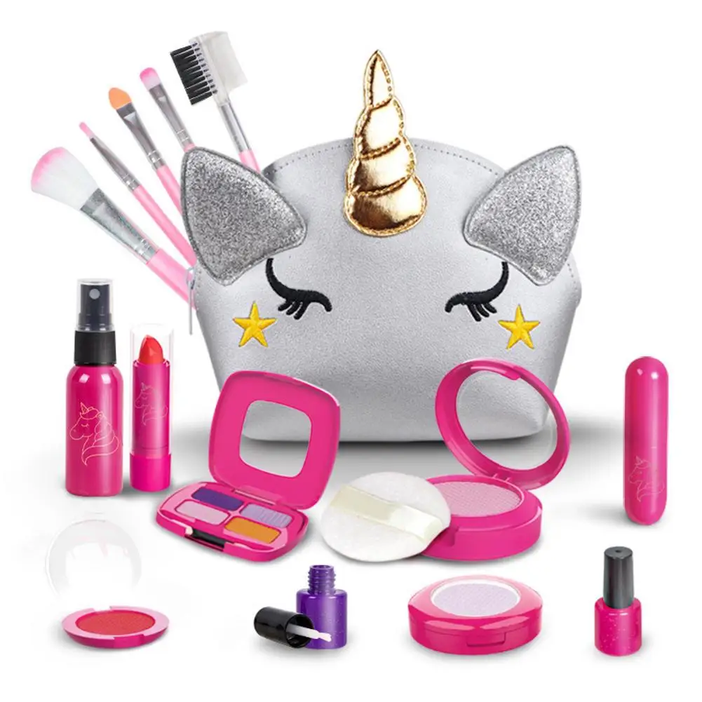 Kit de maquillaje de 16 piezas para niños y niñas, juego de maquillaje Real lavable, juguetes para niños pequeños, bolsa de unicornio cosmética segura, juego de simulación, maquillaje para Gi