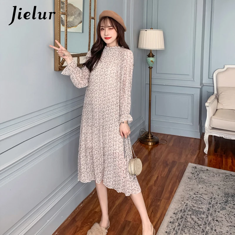 Jielur осень 2019 абрикосовое синее Цветочное платье женское со стоячим воротником