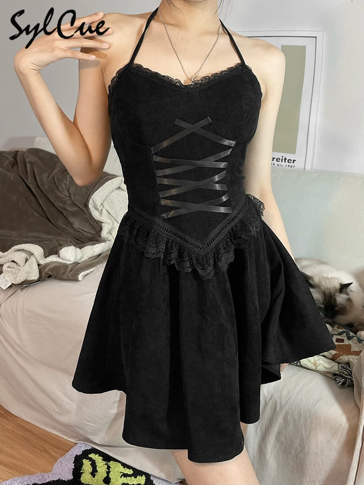 

Sylcue Fashion Tie Halter Neck Drawstring Sexy Girl Mysterious Black Sleeveless Ruffled Women's Pleated Skirt Short Dress