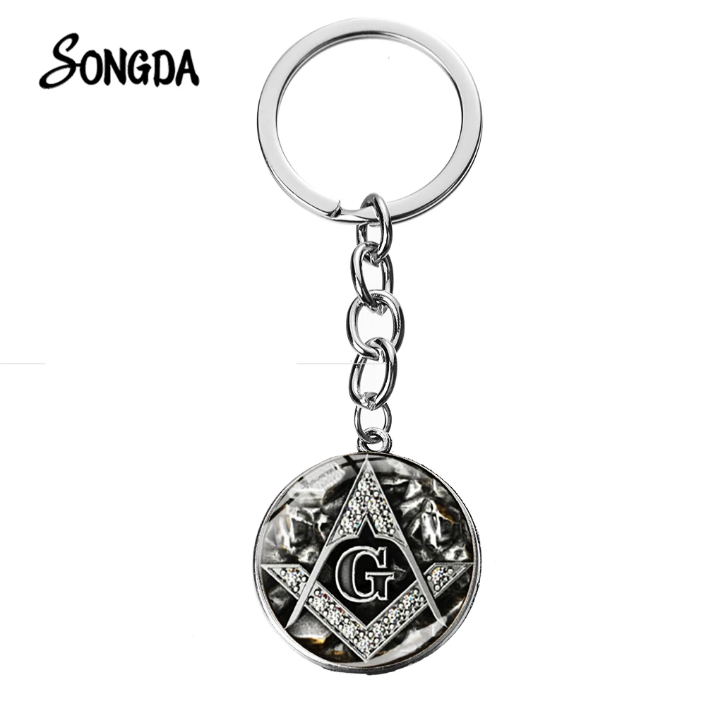 

Freemasonry Long Key Chain Square and Compass Freemason Masonic Symbol Glass Dome Key Ring Handmade Charm Souvenir Gifts