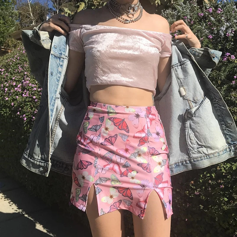 Розовая Корейская юбка для женщин консервативный стиль принт бабочки Милая
