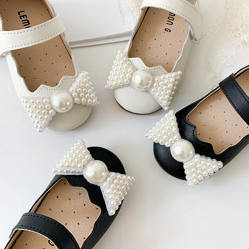 Girls Shoes Pearls Bow Mary Janes Kids Flats White Wedding For Flowers Princess Baby Bead Single Shoe |