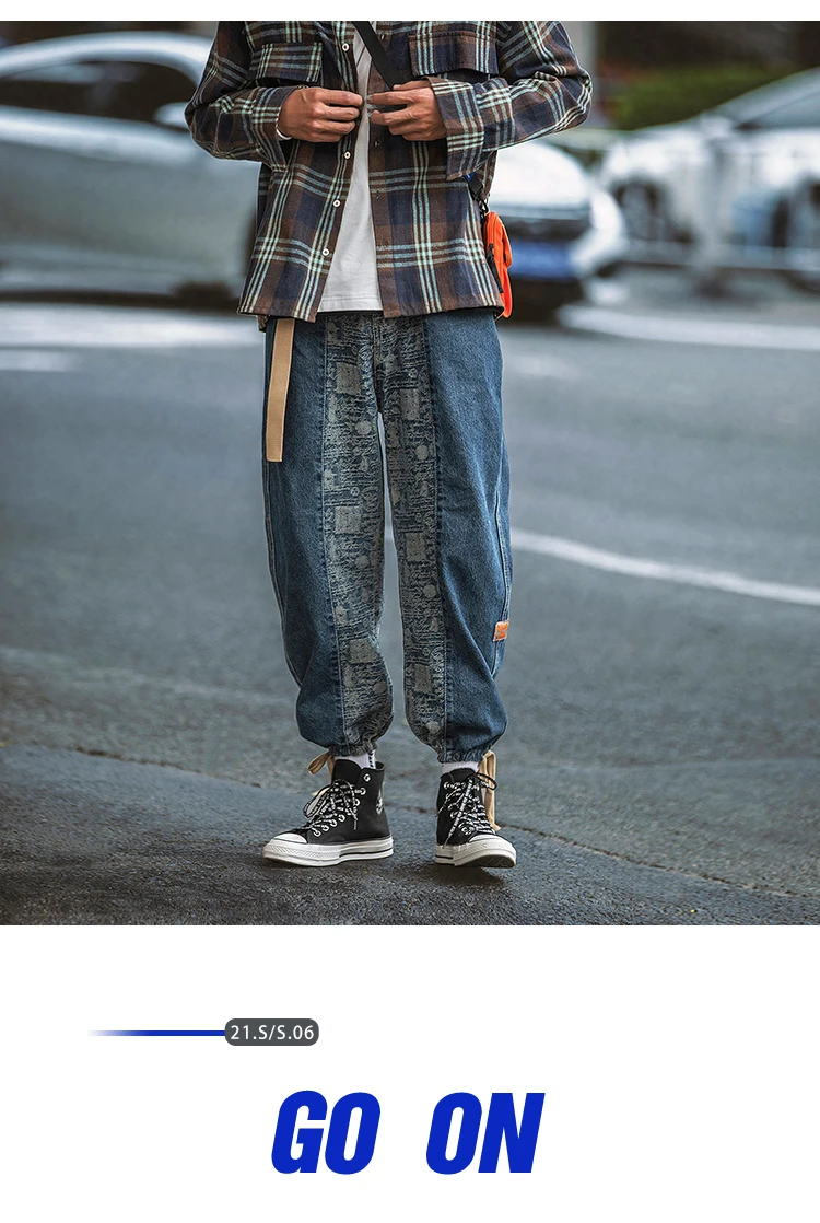 ICCLEK Retro High Street Jeans Fashion Jeans Men's Stitching Beam Foot Tooling Wide Leg Pants Mens Clothing  Wide Leg Jeans
