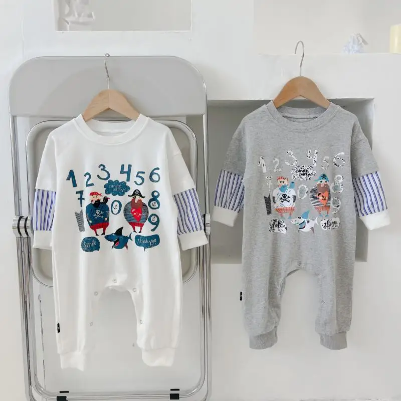 

2022 Spring Autumn Newborn Clothes Boys Fashion Fake Two Piece Infant Girls Cute Cartoon Long Sleeved Jumpsuit Romper