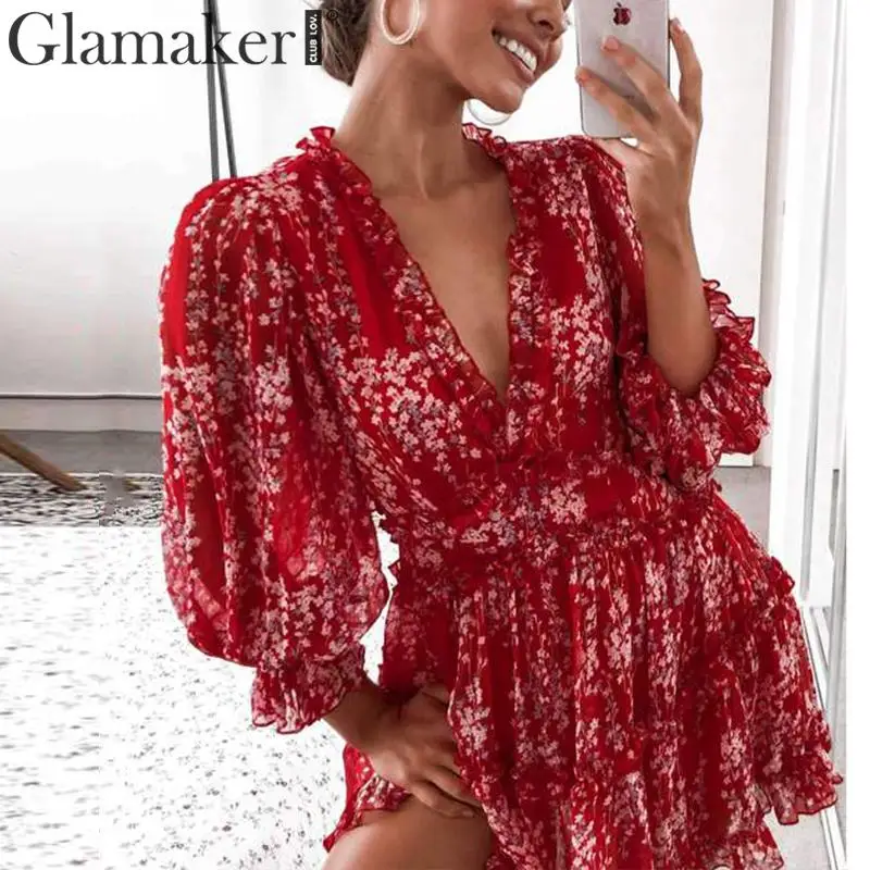 Glamaker, сексуальное платье с принтом, с рюшами, для женщин, Осенние, вечерние, короткое, элегантное платье, зима, фонарь, рукав, v-образный вырез, бодикон, платье с цветочным рисунком