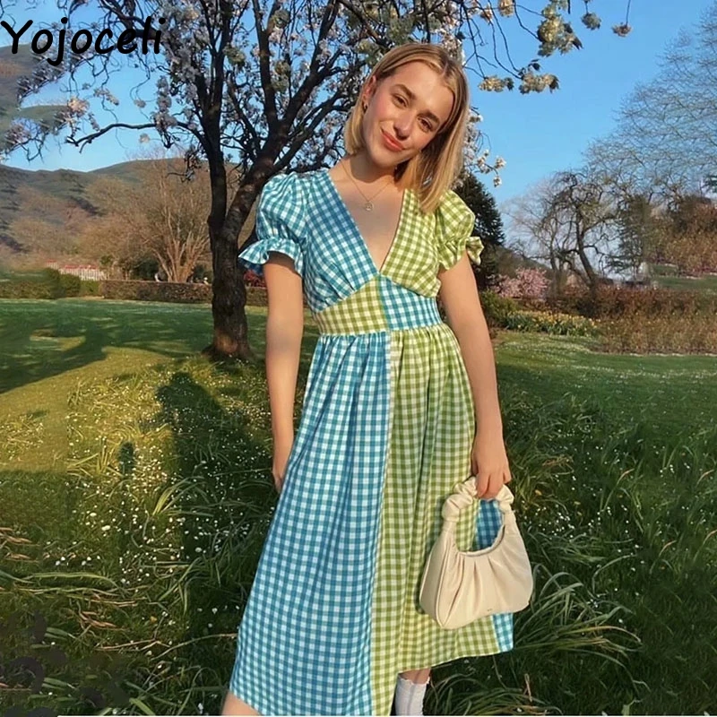 

Платье женское в клетку, с рюшами, с v-образным вырезом
