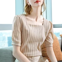 french lace shirt womens 2021 early spring new striped short sleeved t shirt square collar bubble sleeve shirt
