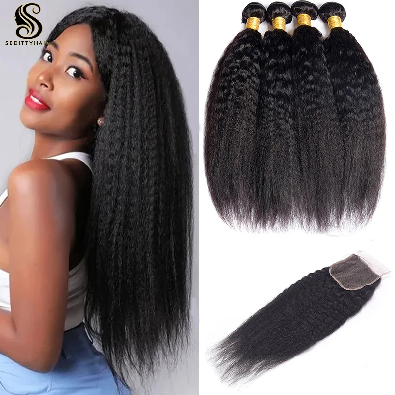 Sedittyhair yaki straihgt  Bundles With Closure kinky straight Bundles With Lace Closure Human Hair 3 4 Bundles With Closure