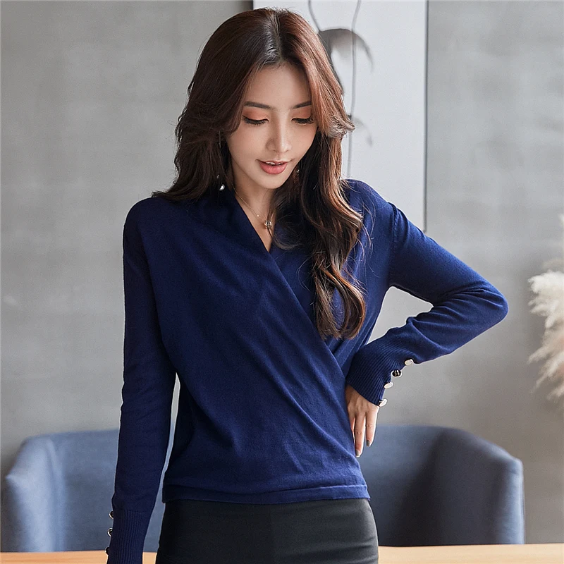С v-образным вырезом изящный темно-синий свитер 2019 Осень с длинным рукавом для