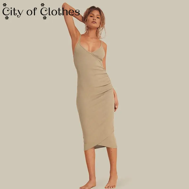 

Women 2021 Skinny V-Neck Spaghetti Strap Knee-Length Dress Knitted Summer Dresses Casual Lady Ruched Sexy Party Club Streetwear