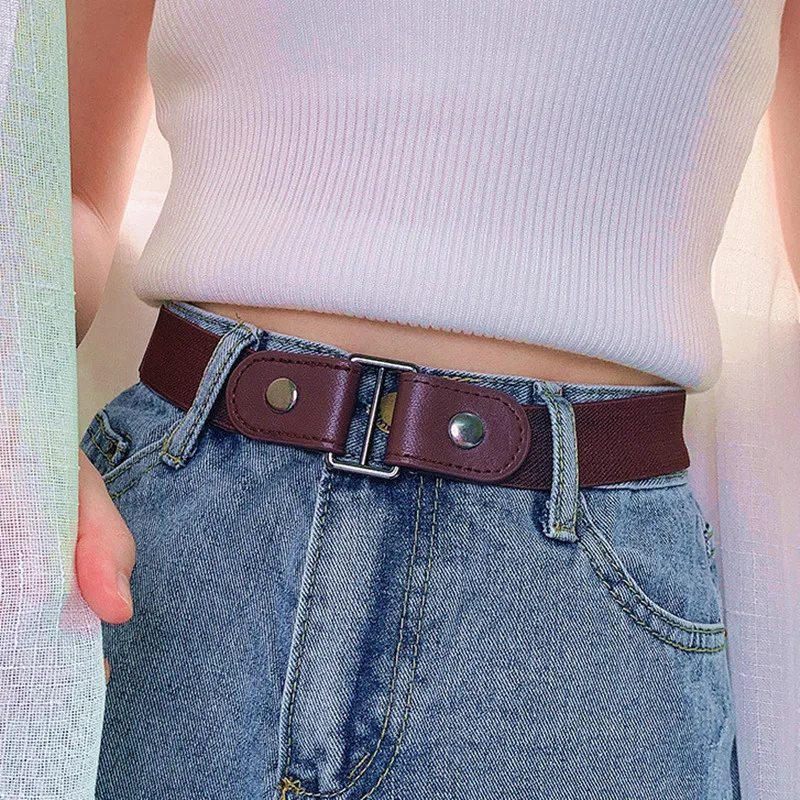

Новый холщовый ремень для джинсов, брюк, платьев, без пряжки, эластичный пояс для женщин, мужчин, Металлическая пуговица, без хлопот, поясной ...